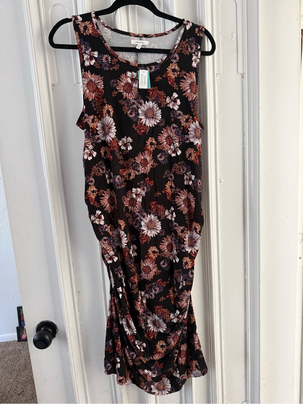 NWT Maurices Maternity Black Floral Midi Dress with Rust and Cream Blooms sz XL